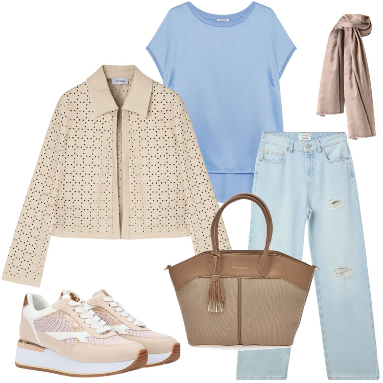 Outfit donna - Casual style. Stile Casual chic per Ufficio. Abbinamento con jeans strappati, sciarpe, bluse, blazer, borse tote, sneakers.