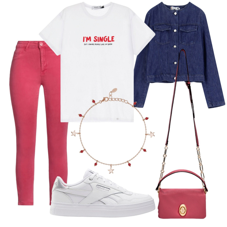Outfit donna - Cristina. Stile Urban per Tutti i giorni. Abbinamento con pantaloni, braccialetti con ciondoli, t-shirt, blazer, sneakers, borse a tracolla.