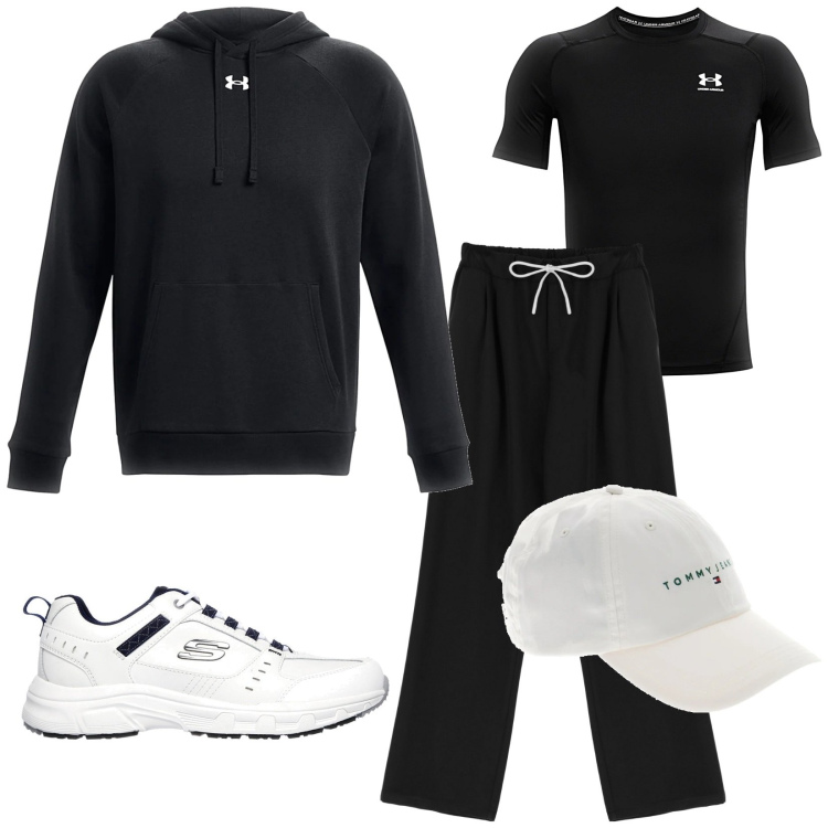 Outfit uomo - Total look #2124390. Stile Casual per Tutti i giorni. Abbinamento con pantaloni, felpe con cappuccio, scarpe sportive, cappelli, t-shirt sportive.