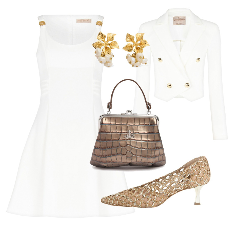 Outfit donna - Bianco per una cerimonia. Stile Chic per Cerimonia. Abbinamento con décolleté, vestiti, blazer, borse a mano, orecchini.