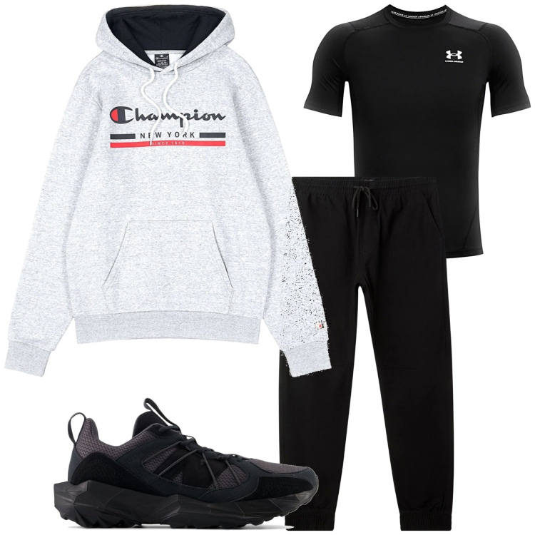 Outfit uomo - Total look #2124398. Stile Casual per Tutti i giorni. Abbinamento con pantaloni sportivi, sneakers, felpe con cappuccio, t-shirt sportive.