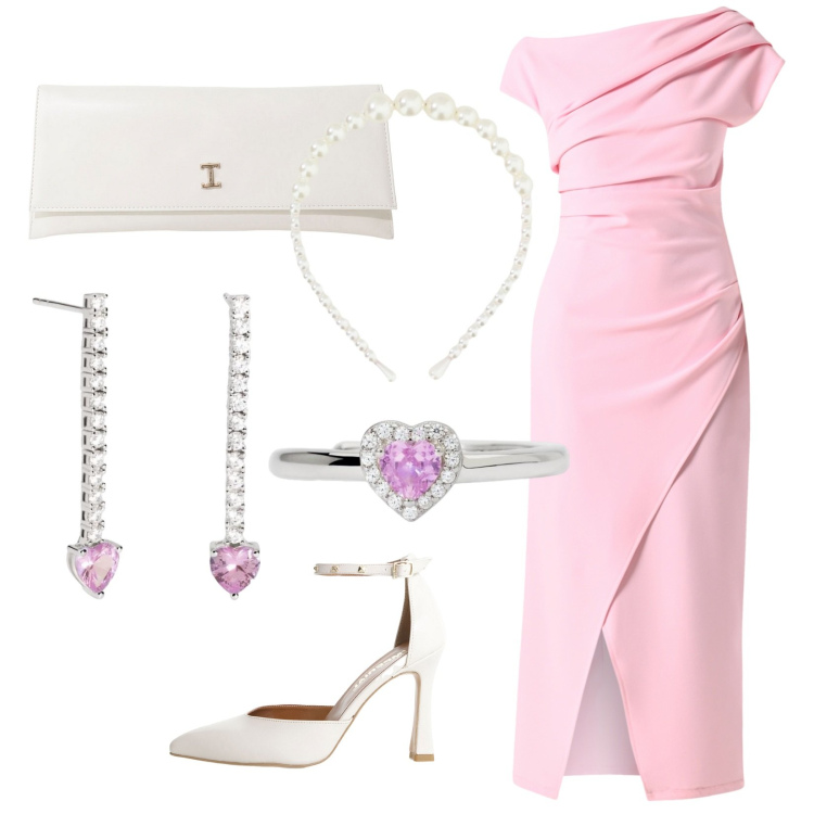 Outfit donna - Memorabile. Stile Chic per Cerimonia. Abbinamento con vestiti asimmetrici, anelli, orecchini, décolleté, pochette, cerchietti.