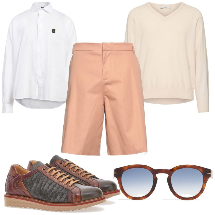 Outfit uomo - Total look #2124427. Stile Trendy per Tutti i giorni. Abbinamento con shorts, camicie, scarpe stringate, occhiali da sole, pullovers.