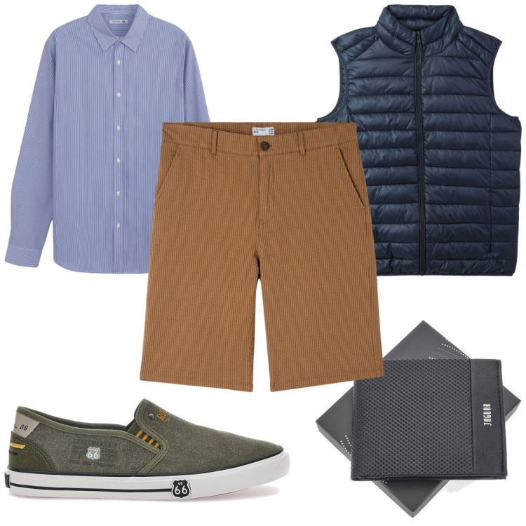 Outfit uomo - Total look #2124429. Stile Trendy per Tutti i giorni. Abbinamento con bermuda, camicie, piumini, portafogli, sneakers.
