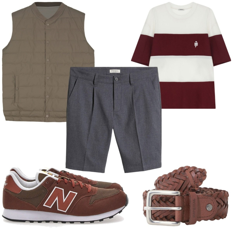 Outfit uomo - Total look #2124432. Stile Trendy per Tutti i giorni. Abbinamento con bermuda, t-shirt, cinture, sneakers, gilet.