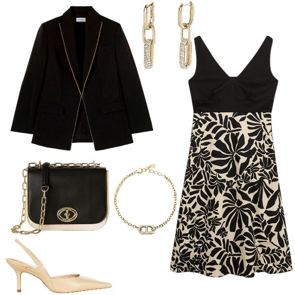 Outfit donna - Nero e beige fantazia. Stile Chic per Cerimonia. Abbinamento con orecchini, braccialetti, décolleté, vestiti midi/longuette, blazer, borse a tracolla.