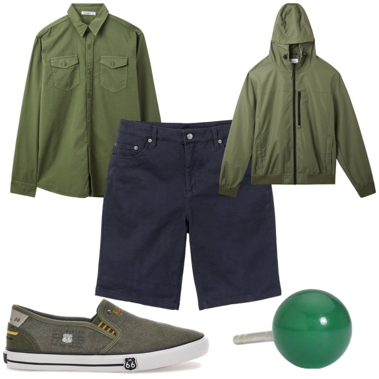 Outfit uomo - Total look #2124438. Stile Trendy per Tutti i giorni. Abbinamento con bermuda, camicie, giacche, orecchini, sneakers.