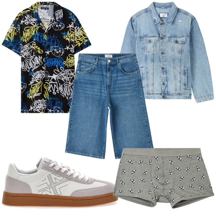 Outfit uomo - Total look #2124439. Stile Trendy per Tutti i giorni. Abbinamento con giacche, pantaloni corti, camicie a manica corta, boxer, sneakers.