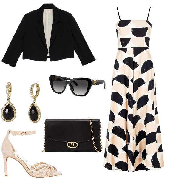 Outfit donna - Abito midi a fantasia optical. Stile Romantica per Cerimonia. Abbinamento con orecchini, vestiti midi/longuette, sandali col tacco, occhiali da sole, borse a tracolla, bolero.