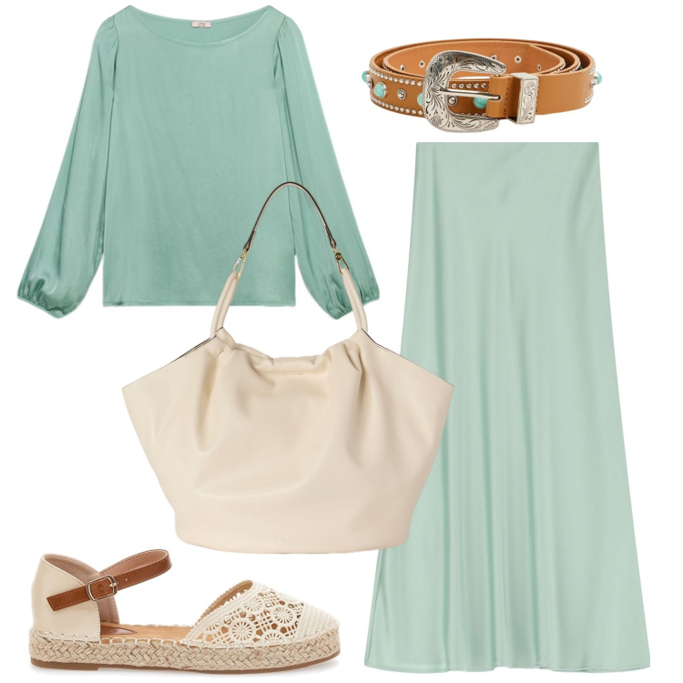 Outfit donna - Verde pastello. Stile Boho per Tutti i giorni. Abbinamento con cinture, gonne lunghe, espadrillas, bluse, borse a secchiello.