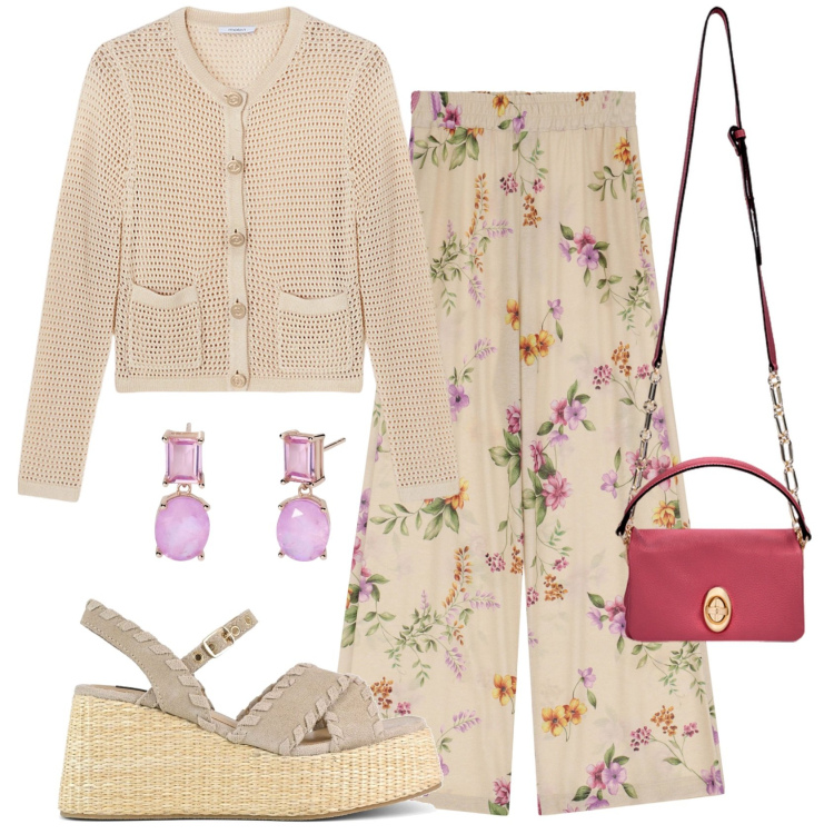 Outfit donna - Fiori di maggio @nike75. Stile Romantica per Tutti i giorni. Abbinamento con orecchini, pantaloni, zeppe, borse a tracolla, cardigans.