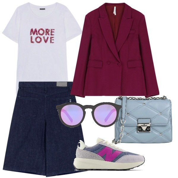 Outfit donna - caldo a meta\'. Stile Urban per Tutti i giorni. Abbinamento con borse a tracolla, sneakers, bermuda, blazer, t-shirt, occhiali da sole.