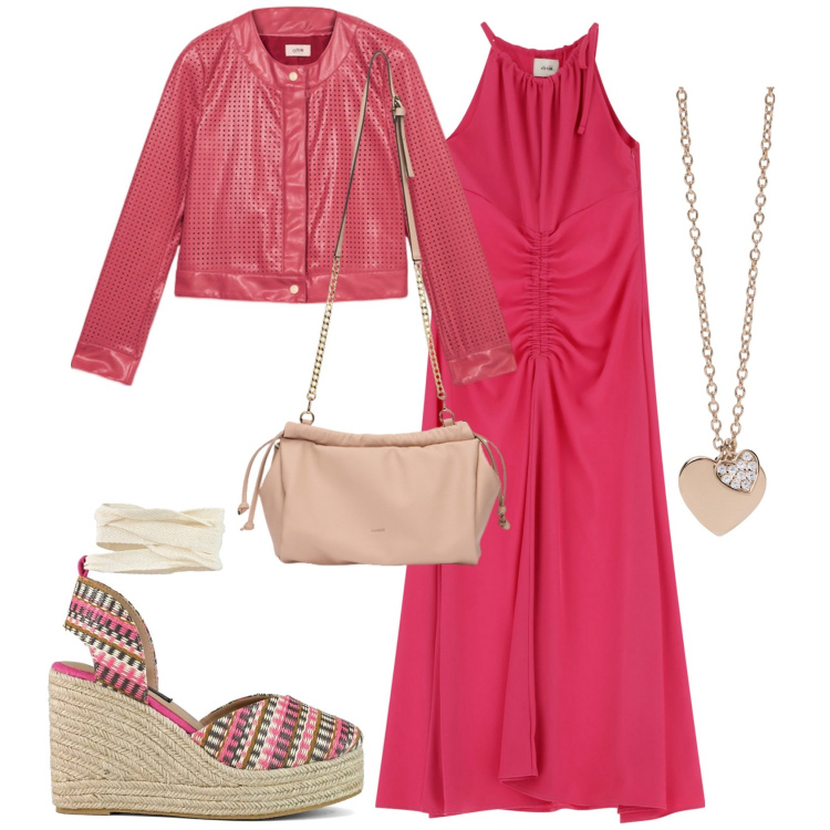 Outfit donna - In rosa a maggio. Stile Glamour per Tutti i giorni. Abbinamento con ciondoli, vestiti lunghi, zeppe, giacche, borse a tracolla.