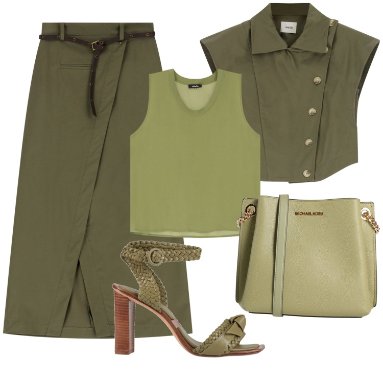 Outfit donna - Total Green. Stile Casual chic per Ufficio. Abbinamento con borse a spalla, sandali in pelle, gilet, top, gonne lunghe.