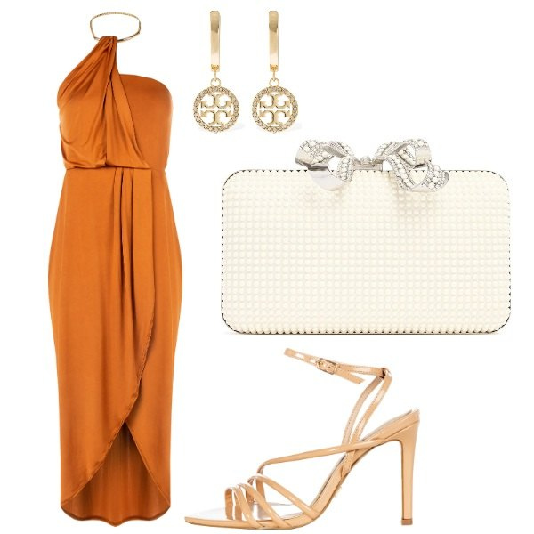 Outfit donna - aranciata. Stile Sexy per Cerimonia. Abbinamento con vestiti, sandali col tacco, pochette, orecchini.