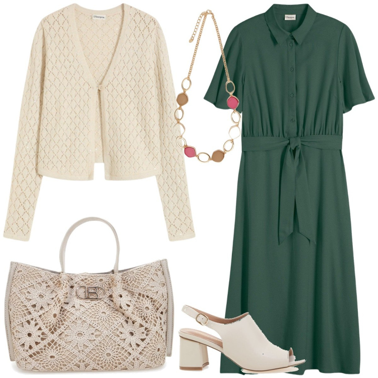 Outfit donna - Al mercato. Stile Casual per Tutti i giorni. Abbinamento con vestiti chemisier, cardigans, collane, sandali col tacco, borse a tracolla.