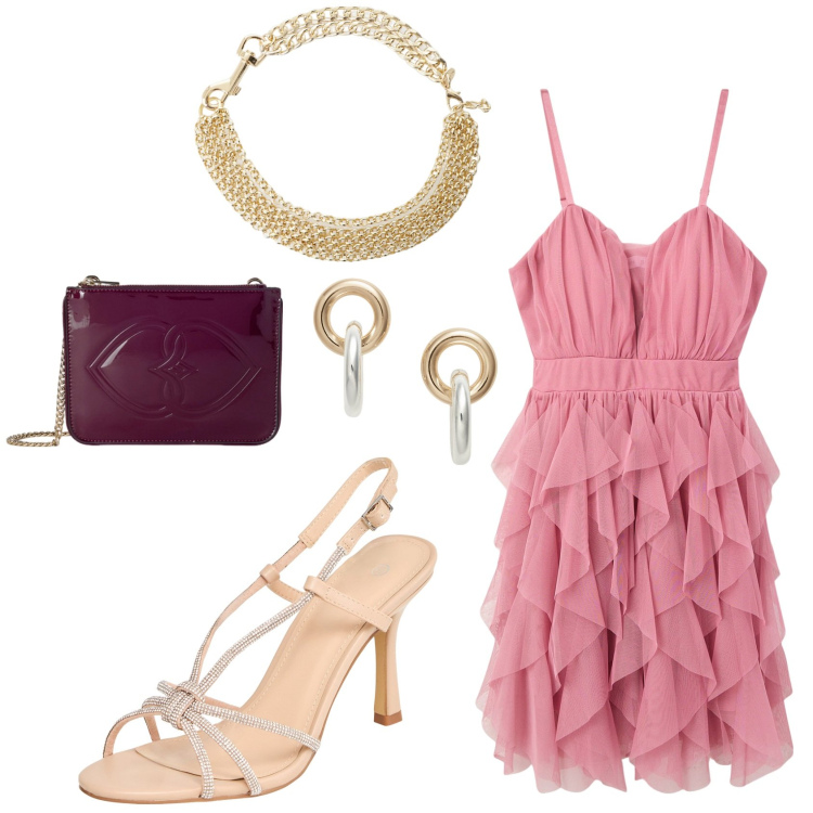 Outfit donna - Rosa a maggio @marystyle. Stile Glamour per Cerimonia. Abbinamento con sandali col tacco, vestiti corti, collane, orecchini, pochette.