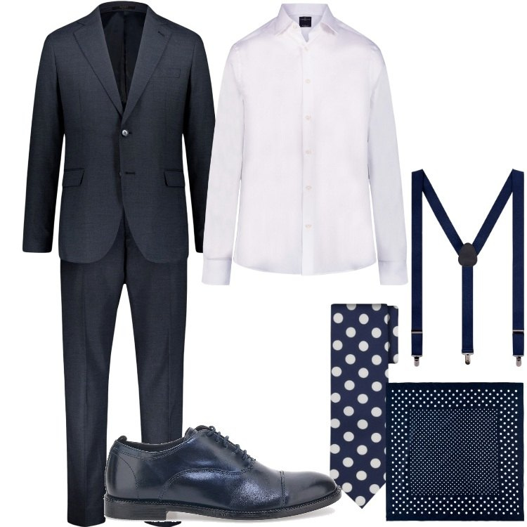 Outfit uomo - Eleganza in blu. Stile Business/Elegante per Cerimonia. Abbinamento con camicie, cravatte, bretelle, sciarpe e foulard, scarpe stringate, abiti.