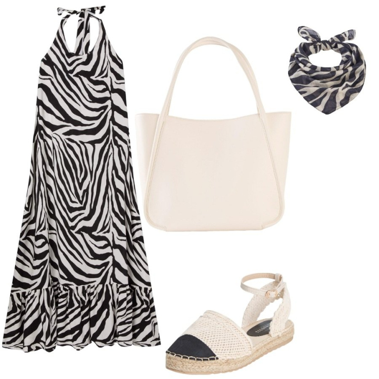 Outfit donna - Hot day. Stile Casual per Tutti i giorni. Abbinamento con foulard, shopping bag, vestiti lunghi, espadrillas.