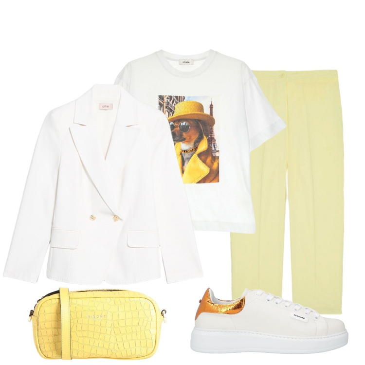 Outfit donna - Invitata all’inaugurazione. Stile Sporty chic per Cerimonia. Abbinamento con sneakers, borse a tracolla, t-shirt, pantaloni, blazer.