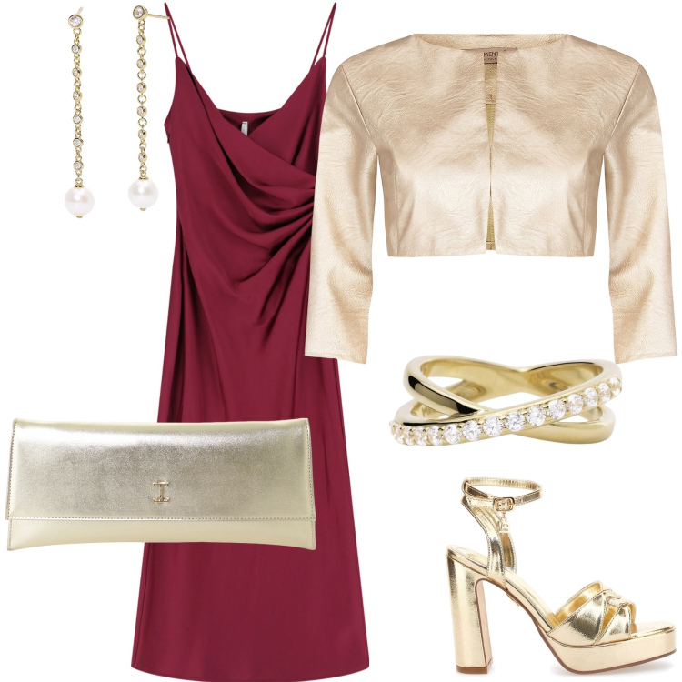 Outfit donna - Bordeaux oro perle e diamanti. Stile Glamour per Cerimonia. Abbinamento con orecchini, anelli, bolero, vestiti midi/longuette, pochette, sandali col tacco.