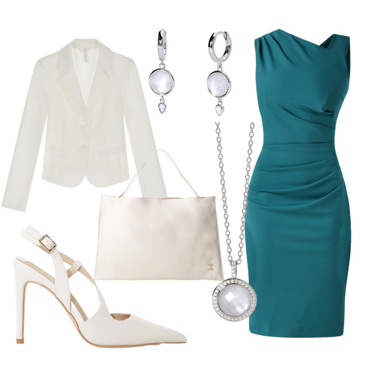 Outfit donna - Cerimonia di laurea. Stile Chic per Cerimonia. Abbinamento con blazer, borse a spalla, décolleté, orecchini, collane, vestiti asimmetrici.