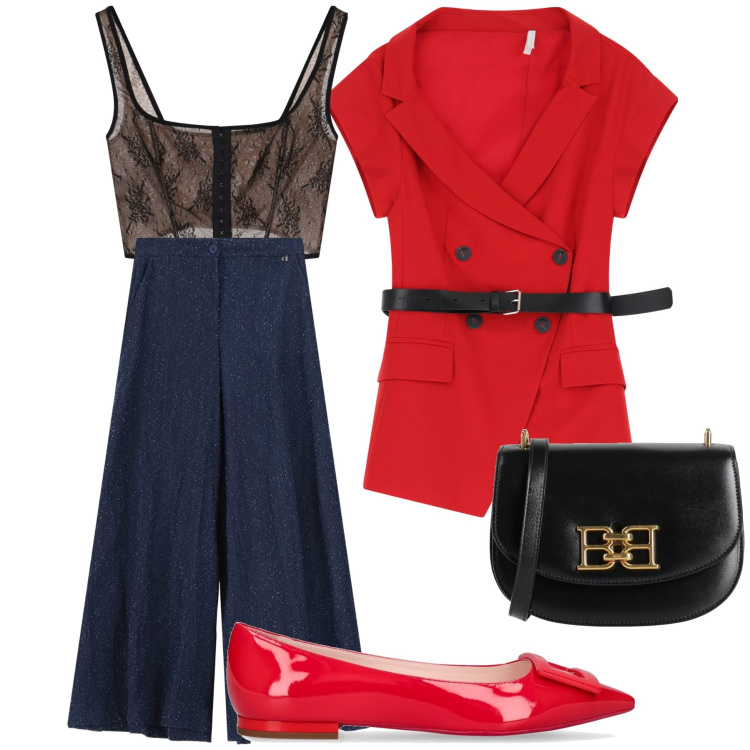 Outfit donna - Total look. Stile Trendy per Ufficio. Abbinamento con borse a tracolla, blazer, top, pantaloni a palazzo, ballerine.
