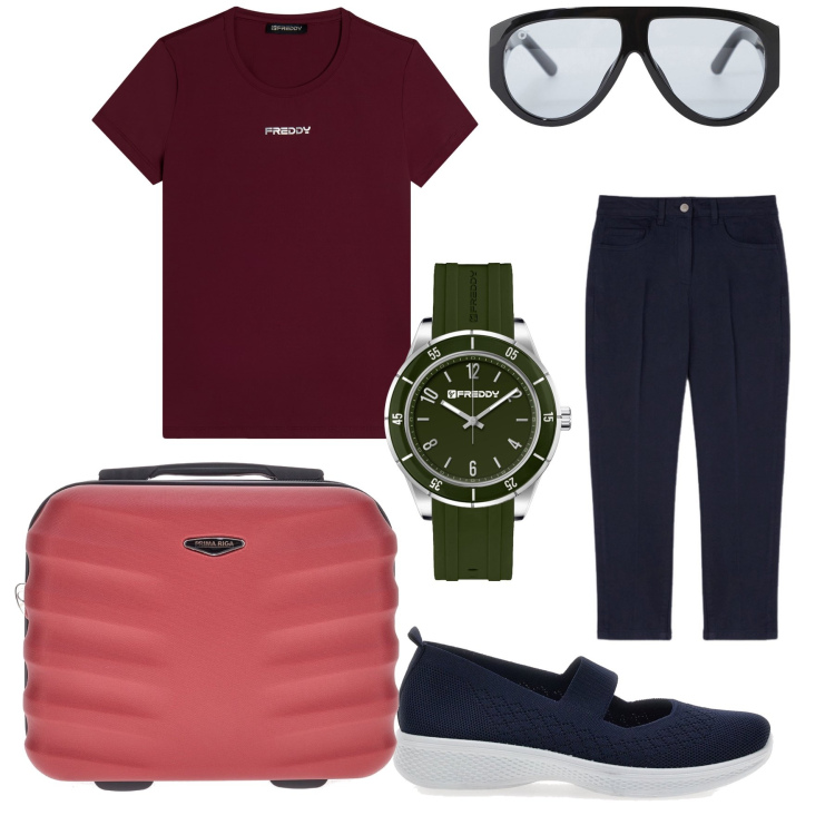 Outfit donna - Viaggio in orario. Stile Basic per Tutti i giorni. Abbinamento con occhiali da sole, orologi, t-shirt, ballerine, pantaloni, valigie.