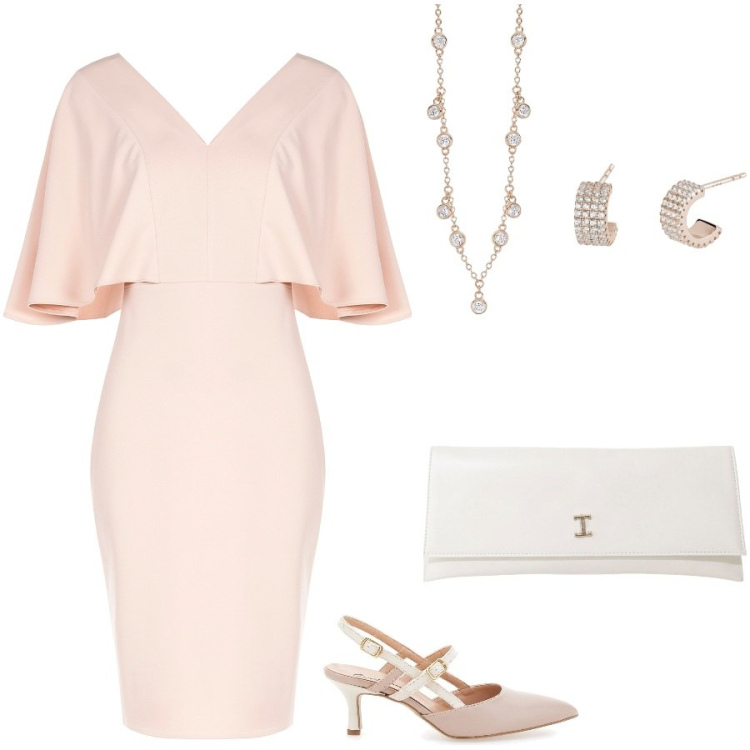 Outfit donna - Matrimonio civile. Stile Romantica per Cerimonia. Abbinamento con orecchini, collane, vestiti a tubino, pochette, décolleté.
