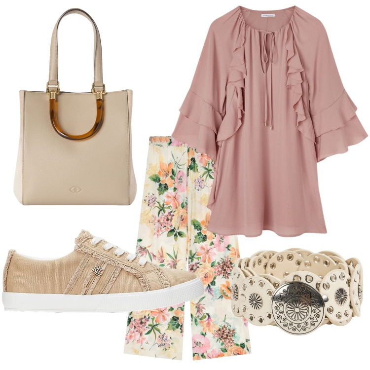 Outfit donna - Total look #2124505. Stile Romantica per Tutti i giorni. Abbinamento con cinture, pantaloni a palazzo, sneakers, shopping bag, vestiti corti.