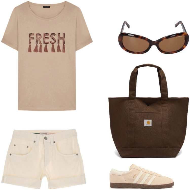 Outfit donna - Passeggiata al parco. Stile Casual per Tutti i giorni. Abbinamento con shorts, t-shirt, sneakers, borse tote, occhiali da sole.
