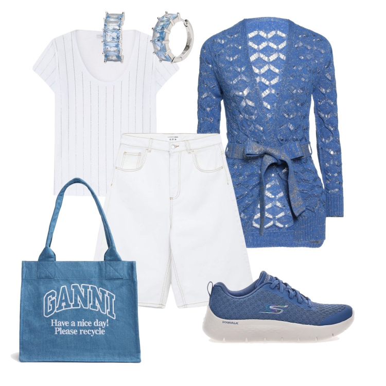 Outfit donna - Look alternativo in città. Stile Casual per Tutti i giorni. Abbinamento con cardigans, bermuda, orecchini, sneakers, shopping bag, t-shirt.