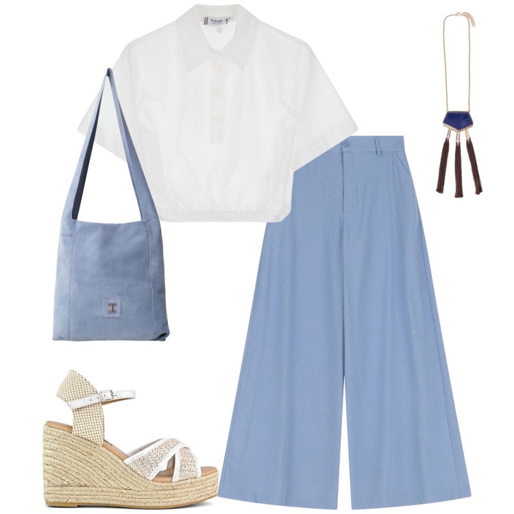 Outfit donna - Maggio. Stile Urban per Tutti i giorni. Abbinamento con camicie a manica corta, pantaloni, borse a tracolla, zeppe, ciondoli.