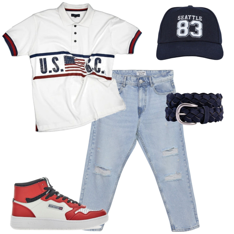 Outfit uomo - Sneakers rossa. Stile Urban per Tutti i giorni. Abbinamento con cappelli, jeans strappati, polo, sneakers, cinture.