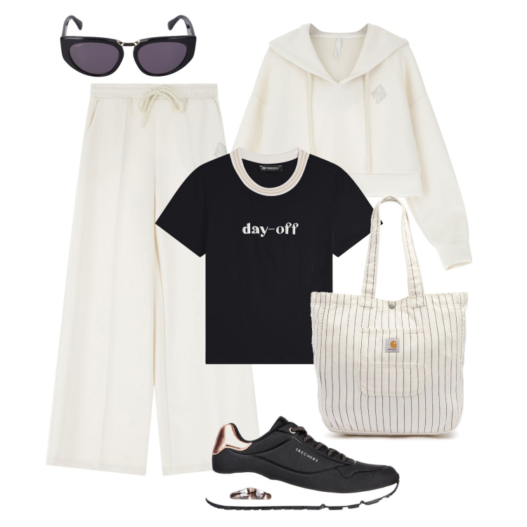 Outfit donna - Giornata easy in tuta. Stile Casual per Tutti i giorni. Abbinamento con pantaloni, felpe con cappuccio, t-shirt, sneakers, borse tote, occhiali da sole.