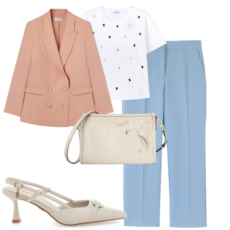Outfit donna - Spezzato. Stile Urban per Tutti i giorni. Abbinamento con décolleté, pantaloni, blazer, t-shirt, borse a tracolla.