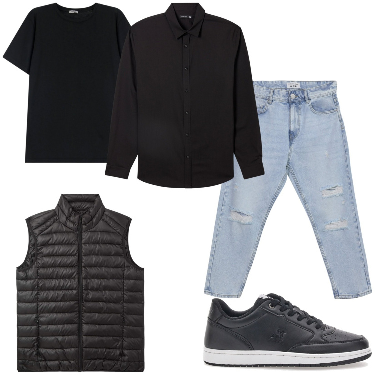 Outfit uomo - Smart layering. Stile Urban per Tutti i giorni. Abbinamento con camicie, piumini, jeans strappati, t-shirt, sneakers.