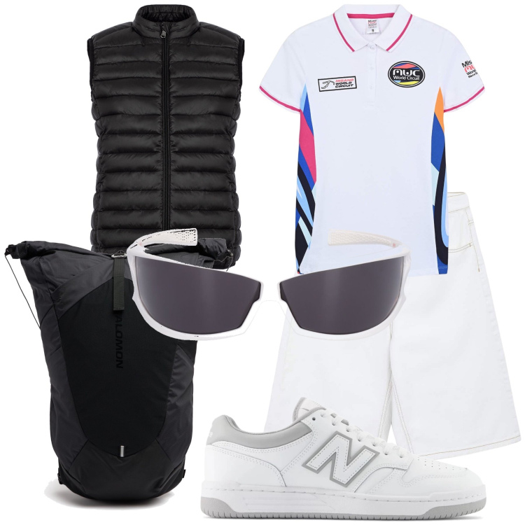 Outfit donna - In barca. Stile Sporty chic per Mare. Abbinamento con polo, bermuda, sneakers, piumini, occhiali da sole, zaini.