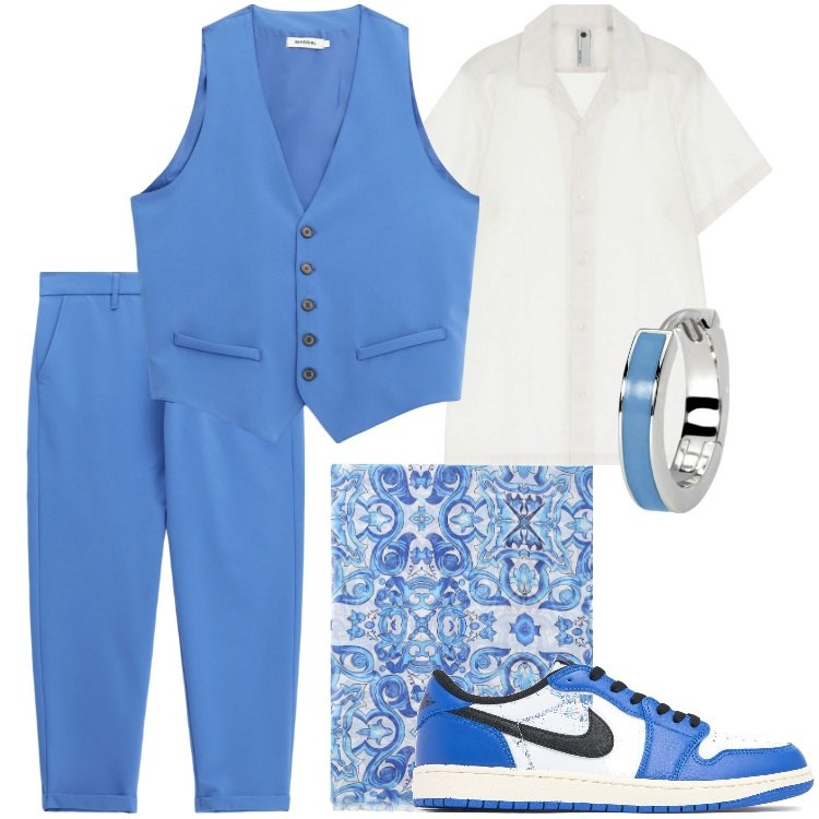 Outfit uomo - Total look #2124588. Stile Trendy per Ufficio. Abbinamento con orecchini, camicie a manica corta, gilet, sciarpe e foulard, pantaloni, sneakers.