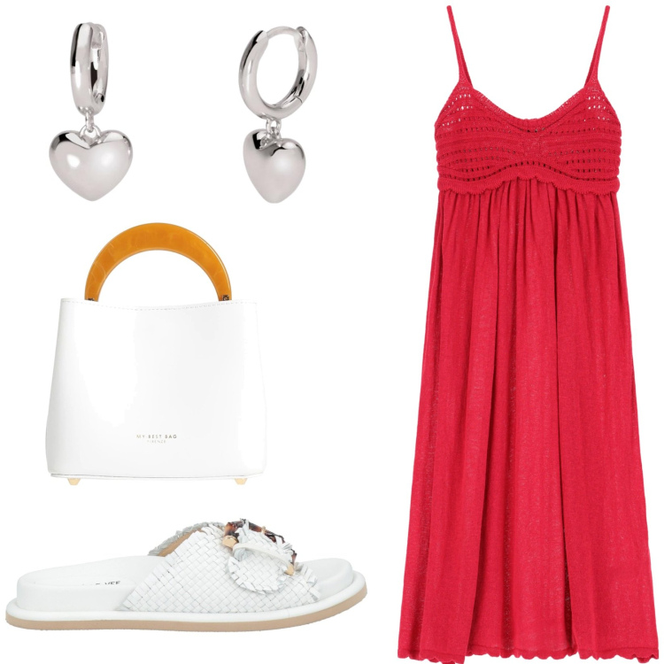 Outfit donna - L\'abitino per il mare. Stile Casual per Tutti i giorni. Abbinamento con sandali in pelle, borse a mano, orecchini, vestiti.
