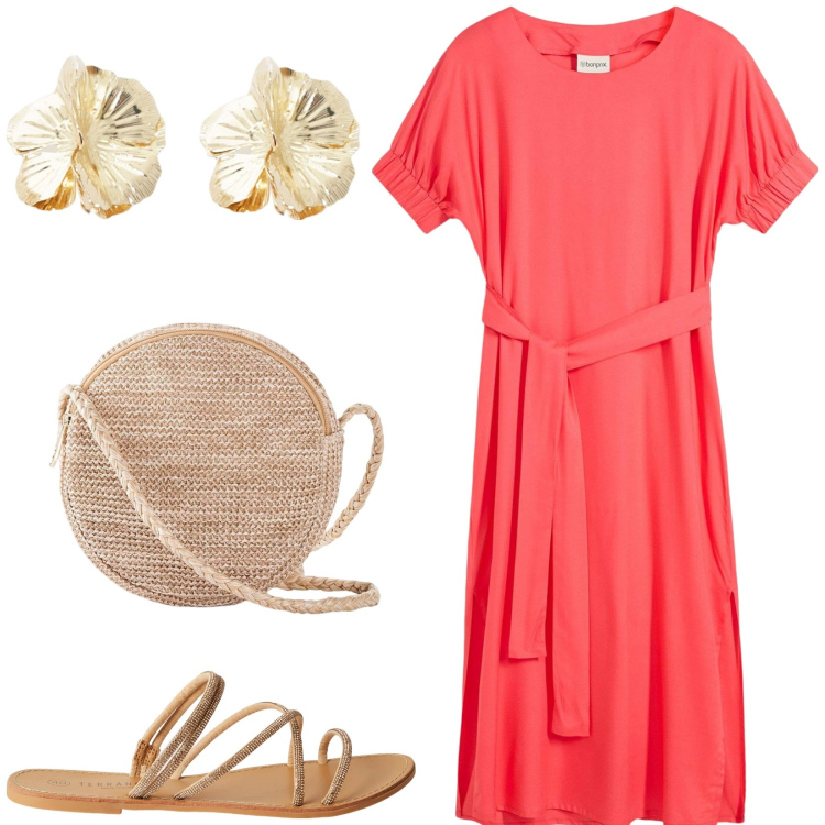 Outfit donna - Passeggiata in centro. Stile Casual per Tutti i giorni. Abbinamento con borse a tracolla, vestiti midi/longuette, sandali, orecchini.