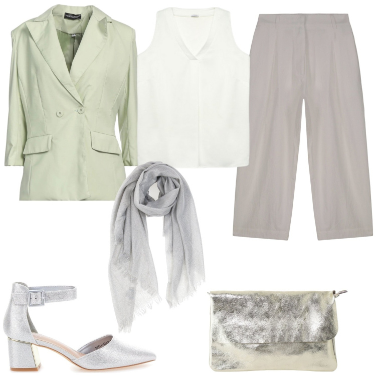 Outfit donna - L\'eleganza del tailleur. Stile Bon Ton per Serata fuori. Abbinamento con blazer, borse a tracolla, pantaloni, top, foulard, décolleté.