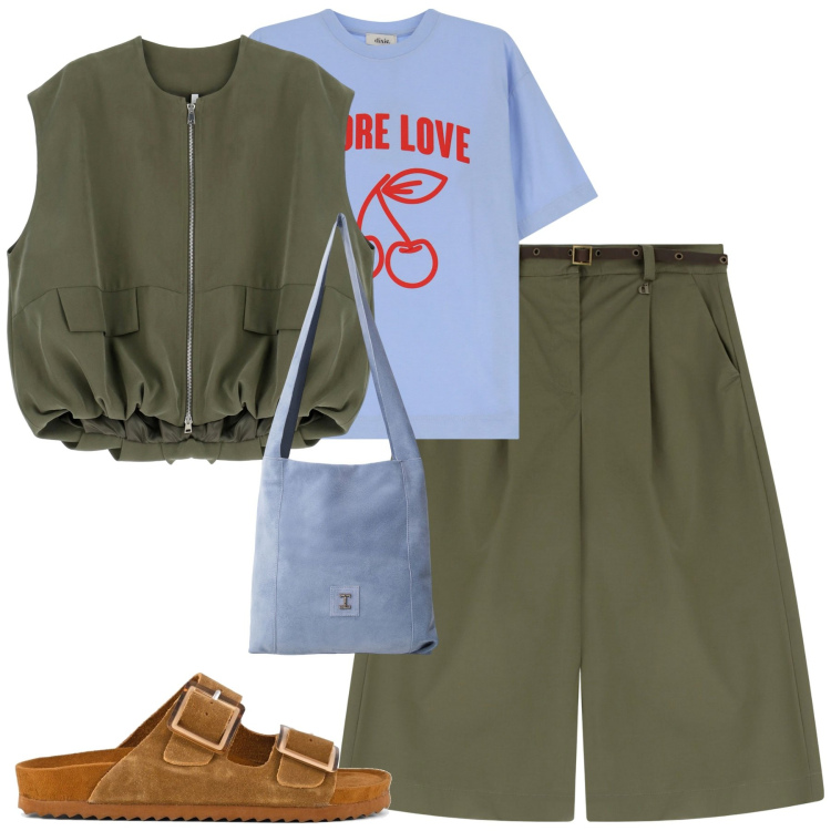 Outfit donna - City. Stile Trendy per Tutti i giorni. Abbinamento con blazer, borse a tracolla, pantaloni, t-shirt, sandali.