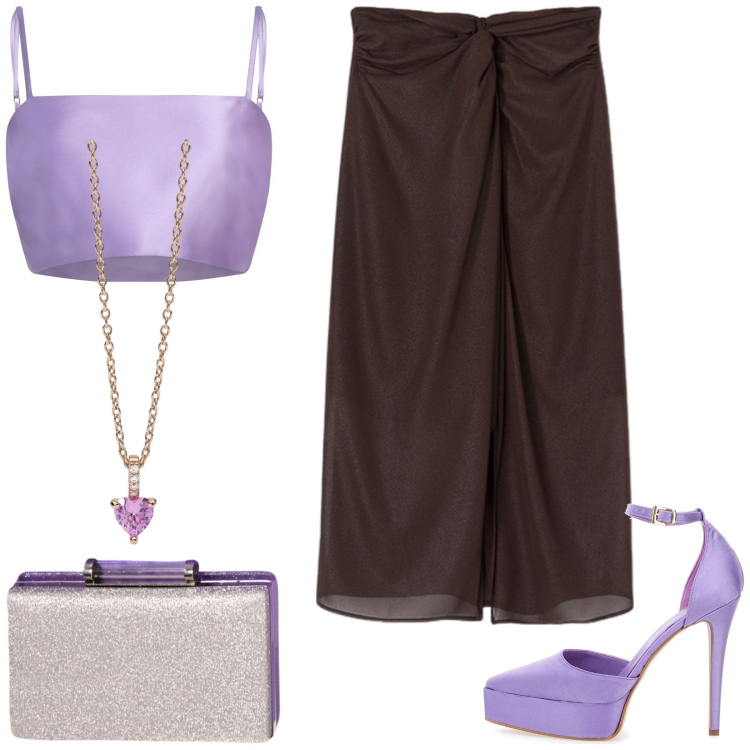 Outfit donna - Evento. Stile Glamour per Serata fuori. Abbinamento con top, ciondoli, pochette, décolleté, gonne.