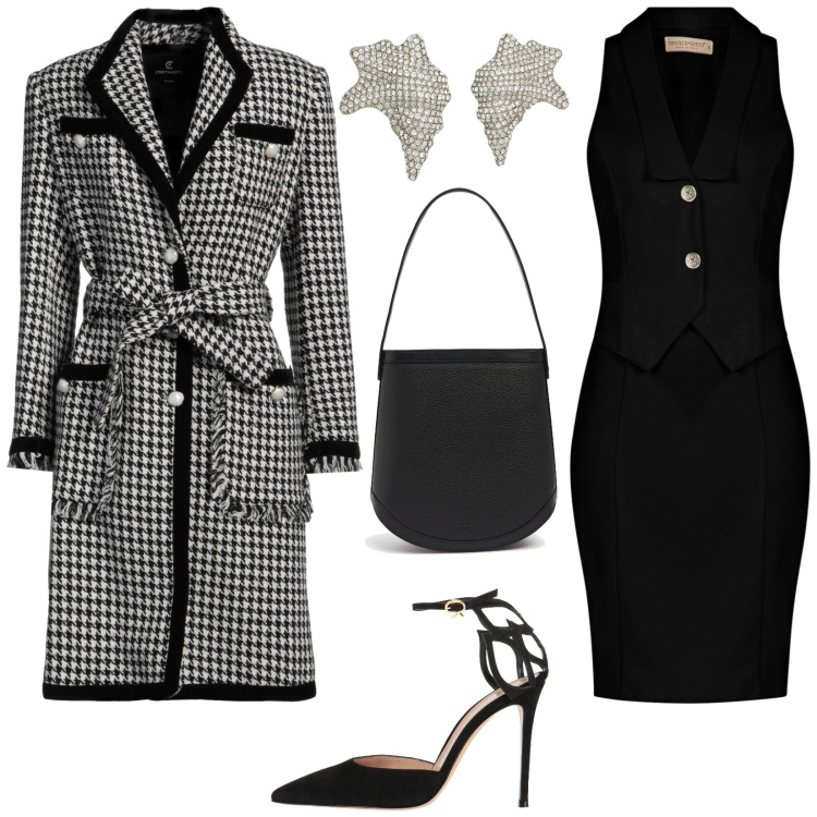 Outfit donna - Serata di primavera. Stile Glamour per Serata fuori. Abbinamento con cappotti, orecchini, décolleté, vestiti a tubino, borse a mano.