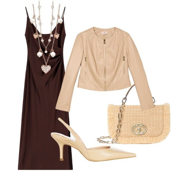 Outfit donna - abito midi. Stile Casual chic per Serata fuori. Abbinamento con vestiti midi/longuette, collane, collane, décolleté, giacche, borse a tracolla.