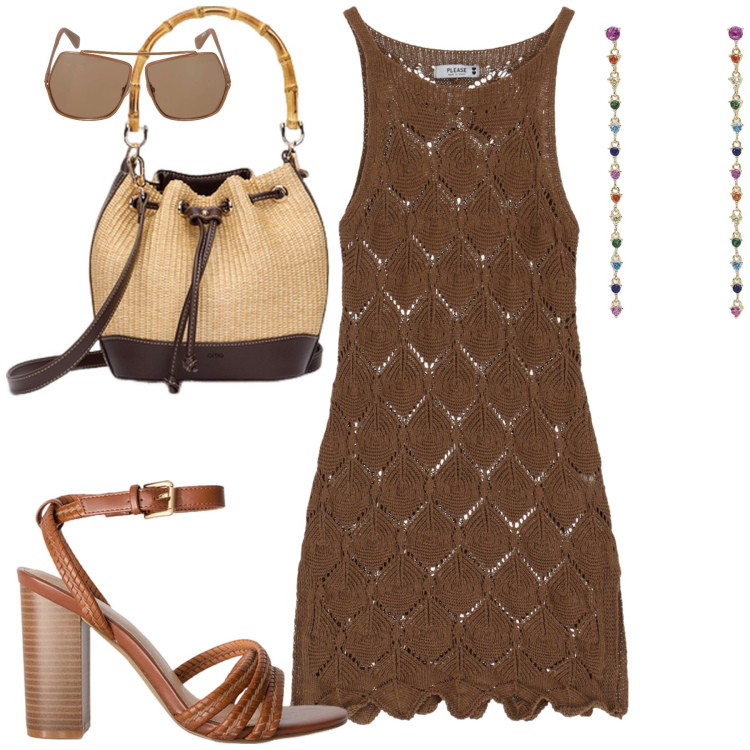 Outfit donna - Weekend al mare. Stile Glamour per Mare. Abbinamento con orecchini, vestiti corti, sandali col tacco, occhiali da sole, borse a secchiello.