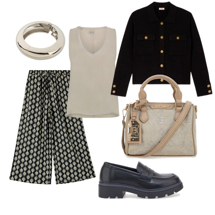 Outfit donna - Pranzo con le amiche. Stile Casual per Tutti i giorni. Abbinamento con braccialetti, pantaloni a palazzo, borse a tracolla, top, mocassini, blazer.