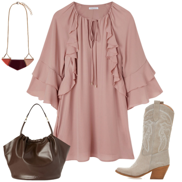 Outfit donna - City. Stile Boho per Tutti i giorni. Abbinamento con stivaletti texani, borse a secchiello, ciondoli, vestiti corti.