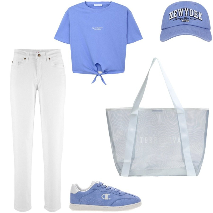 Outfit donna - Per mercatini. Stile Casual per Tutti i giorni. Abbinamento con jeans mom, t-shirt, cappelli, shopping bag, sneakers.